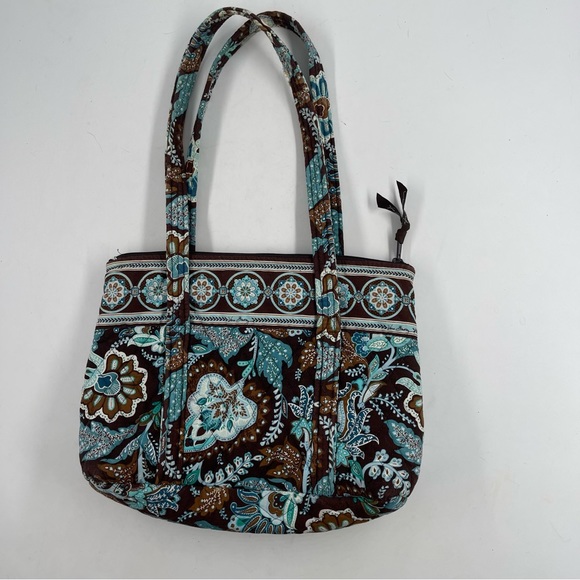 Vera Bradley Brown Blue Floral Abstract Double Handle Handbag - Medium - Picture 2 of 4